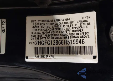 2006 Honda Civic Ex from USA, damaged, VIN 2HGFG12866H519946